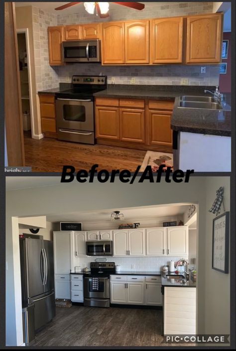 Farmhouse Kitchen Remodel Before After, Old Kitchen Before And After, No Demo Reno Before And After, Fixer Upper Kitchen Before And After, Kitchen Remodel With Black Appliances, Old Home Before And After, Mobile Home Renovations Single Wide Before And After, 90s Mobile Home Remodel, Modular Home Kitchen Remodel