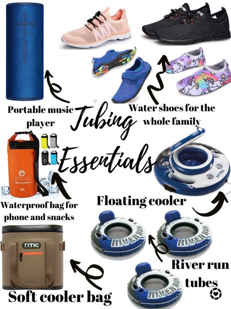 Must haves for your next river or creek tubing excursion! There is no better way to beat the heat than floating down a lazy creek or river with your friends! Here is everything you need when tubing. #creek #tubing #watersports #watershoes #cooler #tubes River Tubing Outfit, River Day Essentials, River Must Haves, River Trip Essentials, Float Trip Essentials, River Float Trip Essentials, Tubing Float, River Floating Hacks, Tubing Outfits