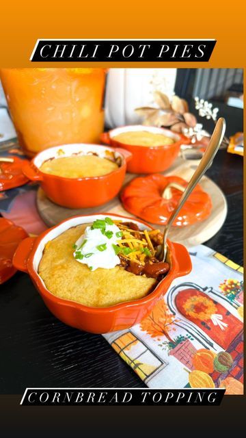 Mini Chili Pot Pie, Chili Pot Pie With Jiffy Cornbread Crust, Chili With Cornbread Topping, Queso Chili, Maple Syrup Icing, Chili Pot Pie, Cornbread Topping, Chili Pot, Macy Blackwell