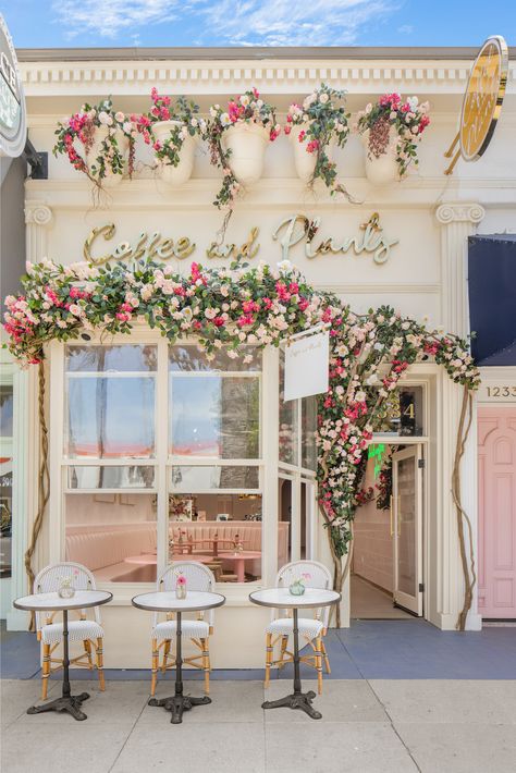 Flower Shop Outside Design, Bakery Photo Op Wall, Floral Bakery Interior, Paris Cafe Exterior, Flower Shops Aesthetics, Girly Cafe Interior, Victorian Cafe Exterior, Coffee And Flower Shop Interiors, Bakery With Flowers