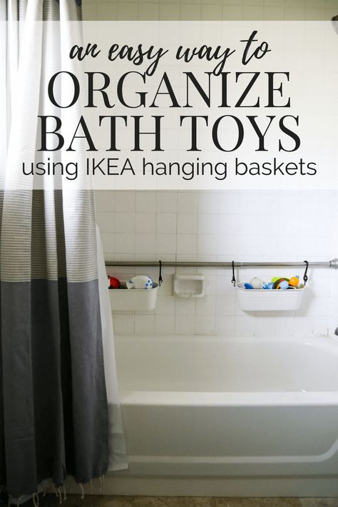 How to organize your bath toys in an attractive and affordable way using the FINTORP hanging baskets from IKEA. No more dripping toys in the middle of your bathtub! Bathroom Toy Storage, Bathtub Organization, Bathroom Diy Organization, Ikea Bath, Small Bathroom Decorating, Nontoxic Living, Ikea Basket, Diy Bathroom Storage Ideas, Kid Bathroom