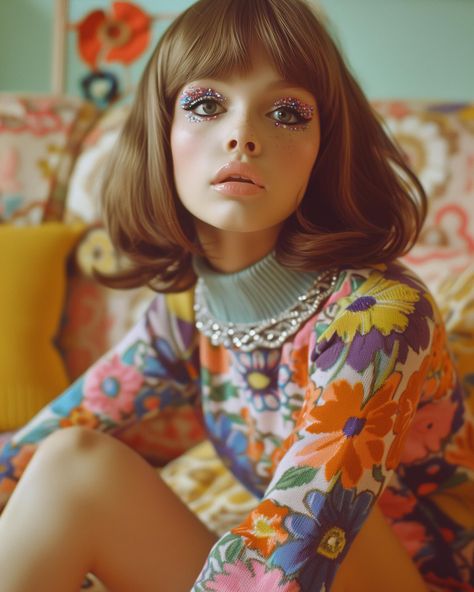 Let’s get groovy 🌸✌🏻 Travel back in time with me today and enjoy some flower power fashion 🥰 Sometimes I think I was born in the wrong time period 🤭 I love everything sixties and especially all the amazing patterns and hairstyles! This set was so much fun to work on and I hope you enjoy it too 💖 Inspired by the amazing Twiggy makeup looks of @creative_by_sabina 💄💋 Go check out her profile! #sprinkleofai #aifashion #fashion #sixties #60s #retro #vintage #vintagestyle #vintagefashion #re... 60s Flower Power Makeup, Retro Model Photography, 60s Art Vintage, Flower Power Makeup, 60s Moodboard, Modern 60s Fashion, Flower Power Outfit, 60s Bands, 60s Photoshoot