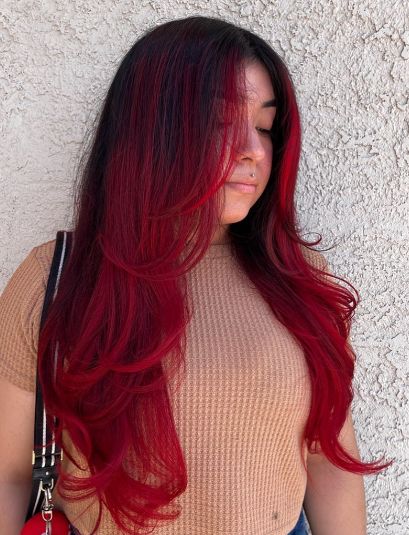 Long Layer Red Ombre Hair Colour Ideas Ombre Hair Colour, Red Ombre Hair Color, Ombre Red Hair, Hair Color Red Ombre, Cascading Layers, Running Hairstyles, Hair Colour Ideas, Trendy Updos, Long Layer