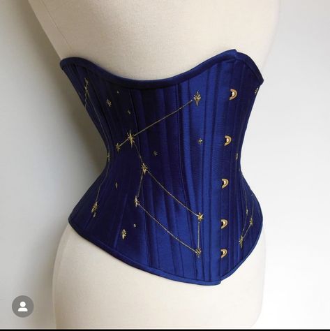 Blue Corset Aesthetic, Metallic Blue Aesthetic, Moondrop Costume, Space Corset, Celestial Corset, Black And Gold Outfit Ideas, Blue And Gold Outfits, Blue Underbust Corset, Moondrop Cosplay