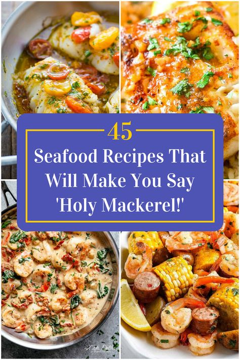 Collage of 4 seafood recipes. Unique Fish Recipes, Seafood Meatloaf, Mixed Seafood Recipes, Mixed Seafood Dishes, Fancy Seafood Dishes, Pescatarian Recipes Healthy, Seafood Cuisine, Mixed Seafood Recipe, Seafood Casserole Recipes