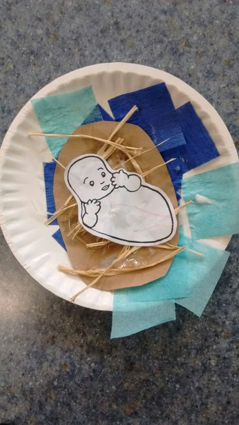 Preschool Passover craft. Baby Moses in a basket. The children glued the baby in the basket first, covered a paper plate with cut crepe paper and then glued the baby basket on top. Moses Craft Preschool, Passover Crafts For Kids, Baby Moses Crafts, Moses Craft, Passover Activities, Passover Crafts, Bible Activities For Kids, Baby Basket, Baby Moses