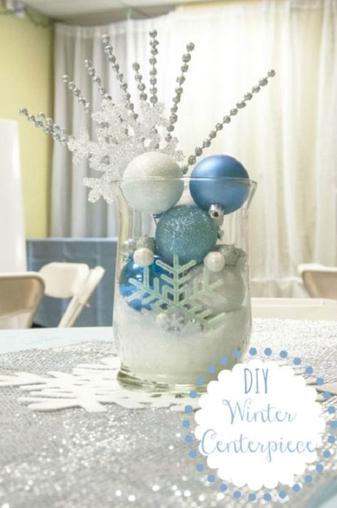 Winter centerpiece: Use your blue, silver and white ornaments to DIY your very own winter centerpiece. Diy Winter Wonderland, Wonderland Decorations, Winter Wonderland Decorations, Winter Wonderland Birthday, Winter Centerpieces, Winter Wonderland Baby Shower, Winter Wonderland Theme, Winter Decorations Diy, Diy Winter