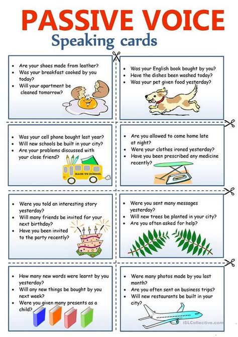 This is a set of 8 printable cards with questions to practice the passive voice. Voice Grammar, Speaking Activities English, Speaking Cards, Teach English Online, Speaking Tips, Passive Voice, English Teaching Materials, Teaching English Grammar, Teaching English Online