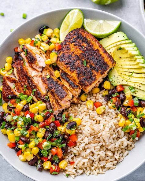 Southwest Salmon, Salmon Bowls, Recipes Salmon, Salmon Rice, Black Bean Salsa, Healthy Bowls Recipes, Healthy Rice, Bean Salsa, Salmon Bowl