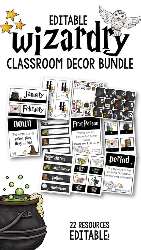 The Harry Potter Classroom Decor Bundle is a set of 22 resources for decorating and organizing your classroom!  Click for the BUNDLE discount! Ela Posters, Harry Potter Classroom Theme, Magical Classroom, Book Hospital, Harry Potter Classes, 7th Grade Classroom, Classe Harry Potter, Themed Classroom Decor, Middle School Classroom Decor