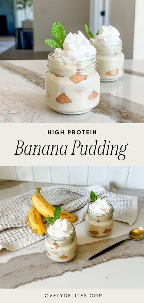 This High Protein Banana Pudding comes together in just under 10 minutes and is made with simple and healthy ingredients. Made with healthy ingredients like cottage cheese, greek yogurt and protein powder. This banana pudding recipe a delicious way to get your protein in. Perfect healthy summer dessert idea! Healthy Jello Pudding Recipes, Dessert For Get Together, Banana Pudding Yogurt Parfait, Protein Pudding Recipe Greek Yogurt, High Protein Puddings, Protein Pudding Dessert, High Protein Desserts Greek Yogurt, Easy Healthy Single Serve Dessert, Healthy Desserts Cottage Cheese