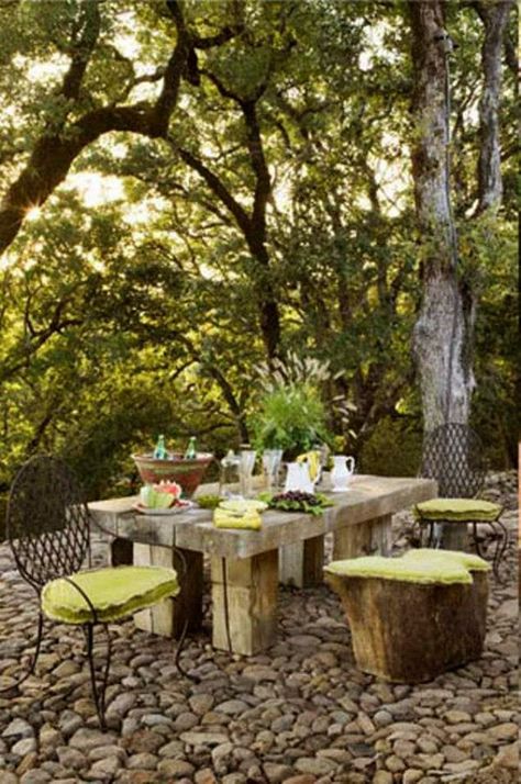 River Rock Patio, Rock Patio, Log Decor, Rock Floor, Floor Outdoor, Jungle Resort, Garden Cabins, Garden Floor, Big Table