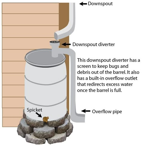 Rain barrel diagram showing downspout, diverter, outflow pipe, and spicket at http://kitsapcd.org/programs/raingarden-lid/what-is-lid Rain Barrel Diy, Diy Rain Barrel, Downspout Diverter, Barrels Diy, Greenhouse Design, Water From Air, Rainwater Harvesting System, Rain Barrels, Water Barrel