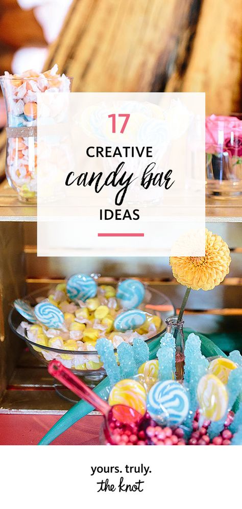 Who doesn't love a beautiful candy bar at a wedding? They multitask as decor and food, plus they're so easy to personalize. Rehearsal Dinner Candy Bar, Bride And Groom Favorite Candy, Easy Candy Bar Ideas, Unique Candy Bar Ideas, Engagement Party Candy Bar, Candy Bars For Weddings, Diy Wedding Candy Bar, Candy Display Wedding, Wedding Reception Candy Bar Ideas