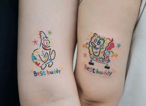 Unique Tattoo Designs In Colorful And Simple Lines by Yechan Matching Disney Tattoos, Cute Best Friend Tattoos, Toy Story Tattoo, Lilo And Stitch Tattoo, Spongebob Tattoo, Matching Bff Tattoos, Matching Friend Tattoos, Korean Tattoo Artist, Matching Best Friend Tattoos