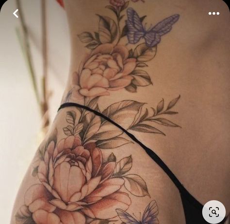 Coloured Back Tattoo Women, Colourful Back Tattoos Women, Lotus Belly Tattoo, Floral Hip Piece, Beautiful Side Tattoos, Stomach Tattoo Flowers, Flower Hip Tattoo Thigh Piece, Floral Hip Tattoo Thigh Piece, Ribcage Flower Tattoo