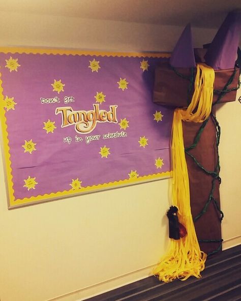 Tangled Themed Classroom, Rapunzel Bulletin Board, Tangled Diy Decorations, Tangled Door Decoration, Tangled Bulletin Board, Tangled Hallway Decorations, Tangled Hoco, Ra Programs, Tangled Theme