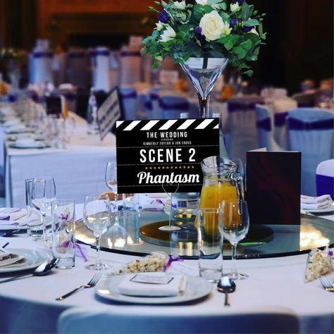 10 Personalised Cinema / Movie / Film Clapper Board themed Wedding Table Name Signs cinema table signs movie table signs Table Name Signs, Cinema Themed Wedding, Signs Movie, Film Clapper, Hollywood Sweet 16, Clapper Board, Wedding Table Name, Gold Movie, Wedding Table Themes