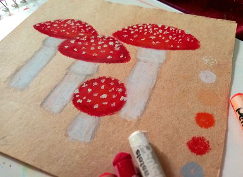 Cottagecore Mushroom, Amanita Muscaria, Oil Pastels, Oil Pastel, Kraft Paper, Stuffed Mushrooms, Pastel, Drawings, Art