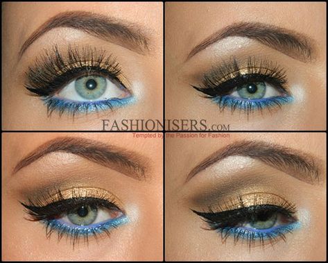 Gold Makeup Tutorial with Blue Under-Eye Liner Blue Under Eye Makeup, Pixie Cosmetics, Blue Under Eye, Under Eye Liner, Make Up Gold, Under Eye Makeup, Makeup Steps, Makeup Glitter, Eye Makeup Looks