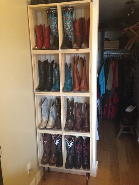 I so want this! Boot rack in the closet!  But it be uggs not cowboy boots Diy Boot Rack, Cowboy Boot Storage, Shoe Storage Small Space, Boot Organization, Room Storage Diy, Boot Rack, Boot Storage, Painted Pots Diy, Casa Country