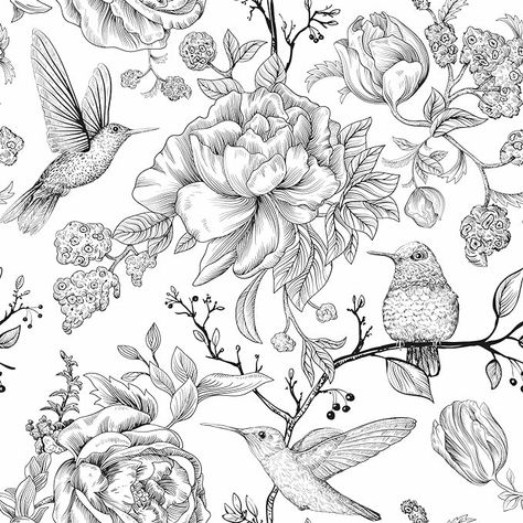 Floral Wallpaper Black, White Peel And Stick Wallpaper, Hummingbird Wallpaper, Vintage Floral Wallpaper, Floral Peel And Stick Wallpaper, Japanese Icon, Wallpaper Black And White, Monochromatic Art, Business Graphics