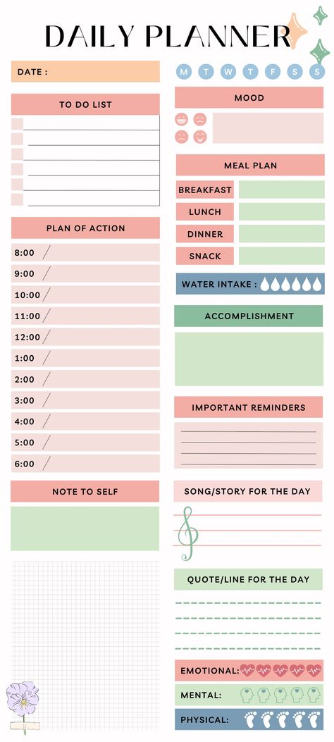 Pink blue green aesthetic modern simple phone size song Health Diary Ideas, Daily Planner Book Ideas, Diary Set Up Ideas, Page A Day Diary Layout, Day Journal Layout, Dairy Planner Ideas, Diary Planner Template, Diary Pages Template, Cute Daily Planner Template Aesthetic