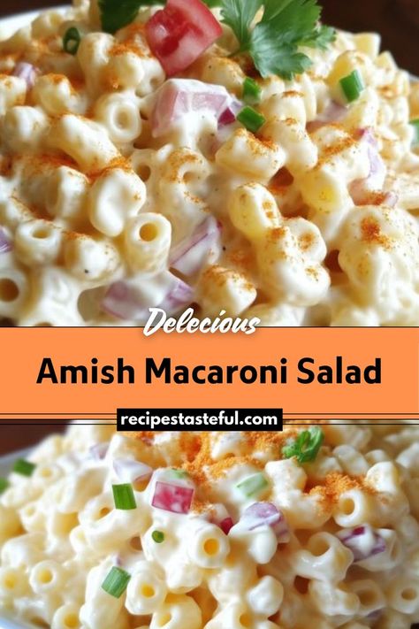 A creamy, tangy pasta salad loaded with hard-cooked eggs and crisp vegetables, perfect for picnics, potlucks, and family gatherings. Tangy Pasta Salad, Amish Pasta Salad, Amish Macaroni Salad Recipe, Amish Pasta, Amish Macaroni Salad, Pasta Side Dishes, Pasta Sides, Macaroni Salad Recipe, Hard Cooked Eggs