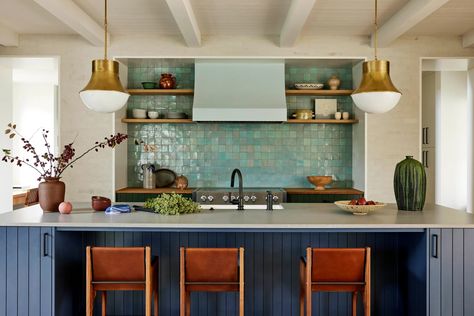 This Southern California Family Home Used More Than 30 Paint Colors | Architectural Digest Small Kitchen Lighting Ideas, Article Sofa, Small Kitchen Lighting, Green Tile Backsplash, California Kitchen, Caesarstone Countertop, Clad Home, Modern Pendant Lights, Nancy Meyers