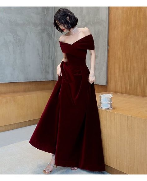 Beautiful Dark Red Velvet Off Shoulder Bridesmaid Dress, A-line Long P – Cutedressy Fitted Burgundy Dress For Banquet, Burgundy Maxi Cocktail Dress, Burgundy A-line Evening Dress For Prom, Burgundy V-neck Wedding Dress, Burgundy Floor-length Cocktail Dress, Burgundy Cocktail Dress For Prom Season, Burgundy Holiday Dress For Banquet, Elegant Red Evening Dress For Winter, Elegant A-line Burgundy Dress