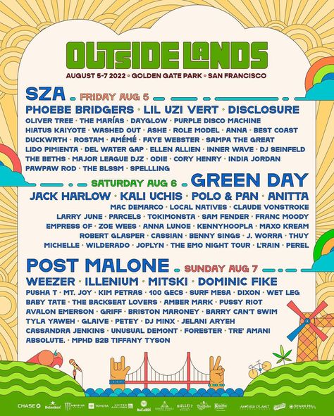 Outside Lands on Instagram: “The daily lineups are here! Take Outside Lands one day at a time. Single Day GA, VIP and Golden Gate Club passes go on sale tomorrow, 5/18…” Hiatus Kaiyote, Golden Gate Park San Francisco, The Marías, Outside Lands, Event Posters, Golden Gate Park, Kali Uchis, Lil Uzi, One Day At A Time