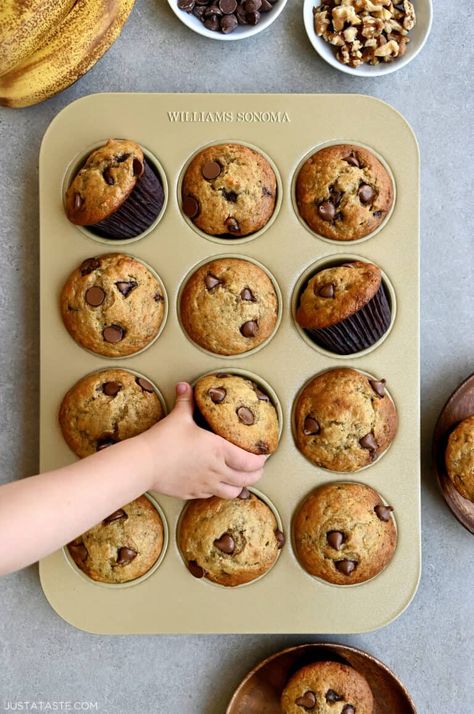 If you're a fan of moist, tender banana bread and crave the convenience of grab-and-go treats, then you're going to love these Greek Yogurt Banana Muffins. Enjoy them plain or add in your favorite mix-ins, such as chopped walnuts, pecans, chocolate chips and fresh berries. Yogurt Banana Muffins, Greek Yogurt Banana Muffins, Banana Chip Muffins, Banana Bread Muffins Healthy, Banana Yogurt Muffins, Berry Banana Bread, Greek Yogurt Banana Bread, Yogurt Banana Bread, Banana Protein Muffins