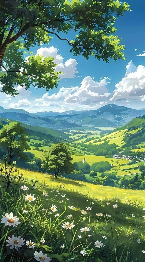 Anime Mountain, Dreamy Artwork, Dreamy Landscapes, Mountain Scene, Beautiful Landscape Wallpaper, Phone Background, Landscape Illustration, 판타지 아트, Nature Illustration