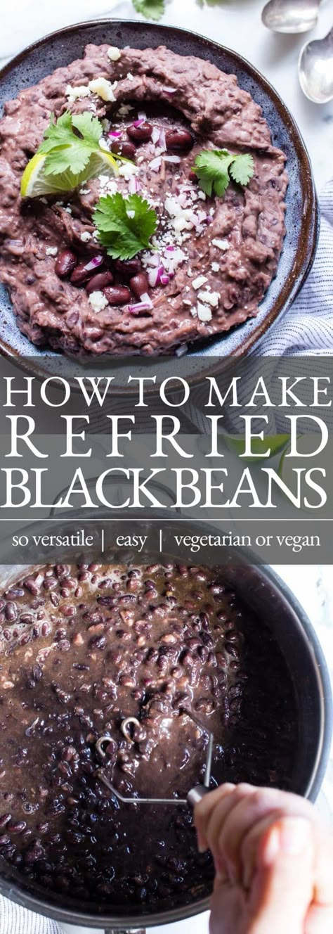 Making a batch of Refried Black Beans at home is super simple. With just a few ingredients and spices, this refried black beans recipe can be shared as a side or used as a component in your favorite Mexican food recipes. This recipe is vegetarian and vegan friendly. Refried Beans With Black Beans, Refried Black Beans Recipe Homemade, Refried Black Beans Recipe, Refries Black Beans Recipe, Black Refried Beans, Black Bean Refried Beans, Legume Recipes, Vegan Refried Beans, Refried Black Beans