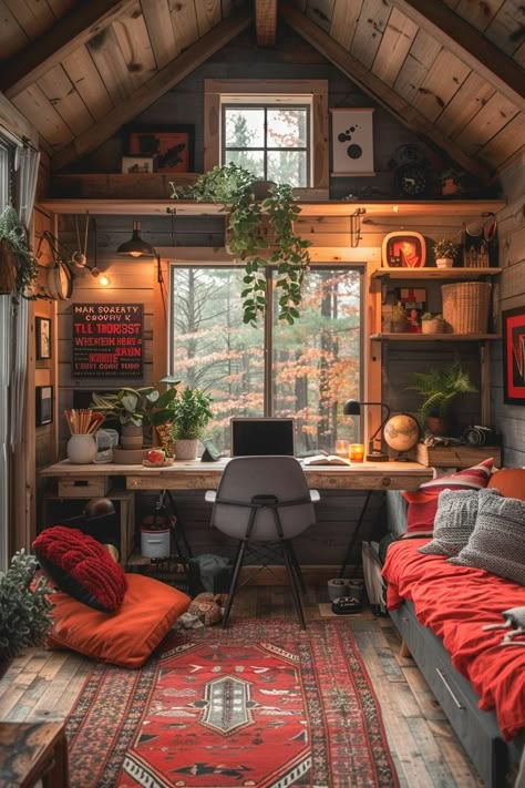 Tiny Home Interior Design Ideas, Study Ideas Room, Rustic She Shed Interior Ideas, She Shed Ideas Interior Craft Rooms, Mini Library At Home, Shed Office Interior, She Shed Office Ideas, Shed Interior Ideas, Tiny She Shed