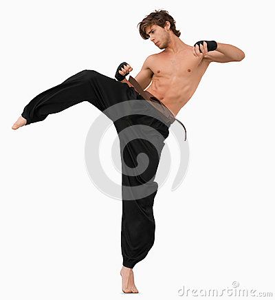 Side view of kicking martial arts fighter Male Kicking Reference, Side Kick Drawing Reference, Martial Arts Poses Male, Martial Arts Poses Reference Male, Martial Arts Reference Action Poses, Kick Reference Action Poses, Martial Arts Pose Reference, Martial Art Poses Reference, Reference Poses Back View