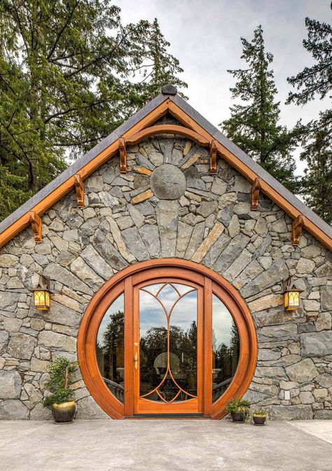 See this amazing stone cottage in Oregon: Hobbit House at Dragonfly Knoll Barrel Hot Tub, Homestead Cottage, Moon Door, Hilltop House, Hobbit Houses, Tolkien Hobbit, Hobbit Door, Casa Hobbit, Quonset Hut