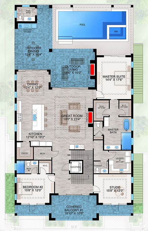 This 3-story Coastal Contemporary house plan gives you 4619 square feet of heated living space all accessible by elevator. Inside, there are 4 bedrooms, 4 bathrooms, 2 half baths and a 2-car front entry oversized garage and storage area.   The main living floor includes a great room, island kitchen with walk-in pantry, dining room, laundry room and a study.   The master bedroom suite features dual sinks, freestanding tub, shower and 2 walk-in closets.   The outdoor House Plans With Elevators, Beach Cottage Floor Plans, 4 Bedroom Beach House Plans, Coastal House Design, 3 Story House Plans, Coastal Floor Plans, Beach House Floor Plan, Pantry Dining Room, Beach House Floor Plans