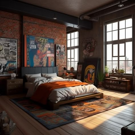 Industrial Bedroom Design For Men, Retro Industrial Bedroom, Warm Industrial Interior, Industrial Bedroom Aesthetic, Male Interior Design, Industrial Loft Bedroom, Wallpaper Ideas Bedroom, Urban Industrial Bedroom, Ideas For Small Rooms Bedroom