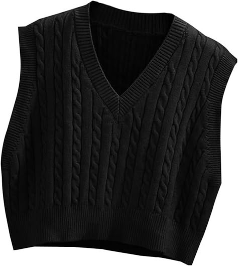 Lailezou Women's V-Neck Knit Sweater Vest Solid Color Argyle Plaid Preppy Style Sleeveless Crop Knit Vest at Amazon Women’s Clothing store Sweater Vests Outfits, Christmas Clothing Ideas, Black Knitted Vest, Plaid Sweater Vest, Winter Tops For Women, Dark Fairycore Outfits, Sweater Vest Mens, Winter Pins, Academia Fashion