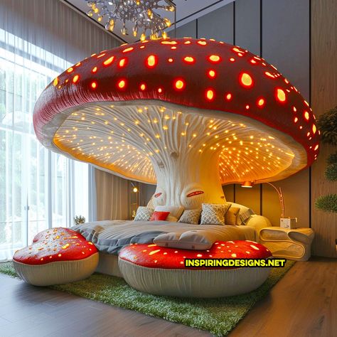 These Giant Mushroom Beds Add a Touch of Magic to Any Sleeping Space Mushroom Beds, Fun Beds, Mushroom Furniture, Wall Shelving Ideas, Mushroom Bed, Mushroom Bedroom, Weird Beds, Unusual Beds, Castle House Design