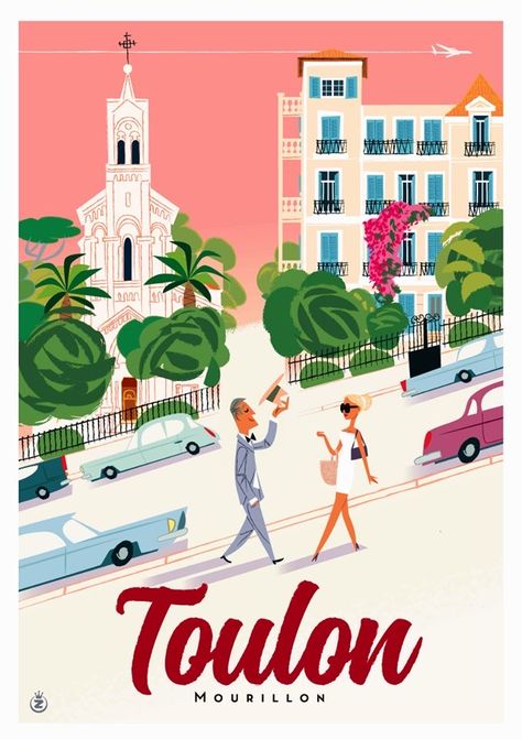 Toulon France, Art Deco City, Art Deco Illustrations, Railway Posters, Rose Illustration, Travel Artwork, Holiday Poster, Picture Collage Wall, Travel Illustration