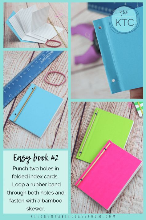 Learn how to make a book with these three easy book binding ideas perfect for kids! Grab some index cards and rubber bands and get busy! Index Card Book Diy, Books Making Ideas, Index Journal Ideas, How To Make My Own Notebook, Diy Booklet Binding, Paper Binding Ideas, Diy Coloring Book Binding, Easy Book Binding Methods, Make A Book Diy