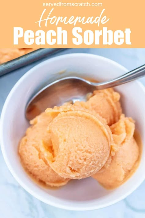 It's a favorite of the summer! This Homemade Peach Sorbet is so easy to make, a great way to use those fresh summer peaches, and makes a delicious healthy summer treat! Peach Sorbet Recipe, Creami Deluxe Recipes, Peach Ice Cream Recipe, Ninja Creami Recipe, Ninja Ice Cream Recipe, Fresh Peach Recipes, Sherbet Recipes, Ninja Creamy, Ninja Ice Cream