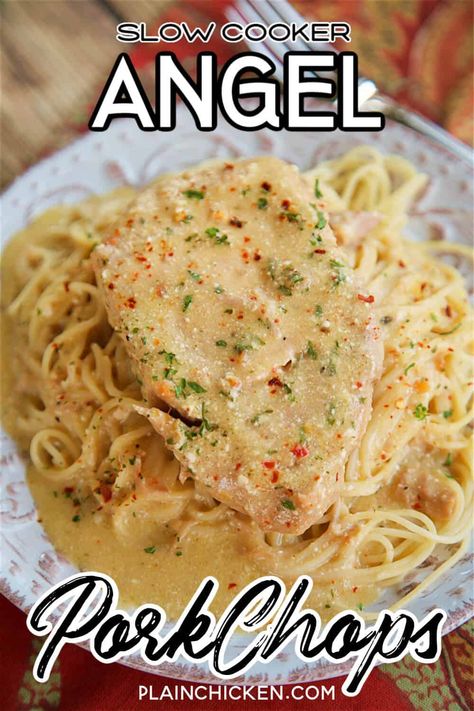 Slow Cooker Angel Hair Pork Chops Boneless Pork Chop Recipes Crockpot Slow Cooker Cream Of Chicken, Pork Chops Recipes In Crockpot, Angel Pork Chops, Crockpot Chicken Dinners, Wine Chicken, Pork Chop Recipes Crockpot, Italian Dressing Mix, Pork Chop Recipes Baked, Pork Chop Dinner