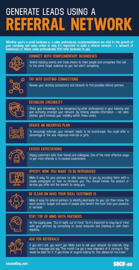 Whether you’re a small business or a sales professional, recommendations are vital to the growth of your company and sales which is why it’s so important to build a referral network – a network of businesses or fellow sales professionals that target the same audience as you do but fulfil different needs so they aren’t competing with you. Here’s why you need to start building your referral network as part of your lead generation activities. Networking Infographic, Sales Prospecting, Business Strategy Management, Sales Quotes, Sales Skills, Insurance Marketing, Network Marketing Tips, Professional Networking, Digital Marketing Plan