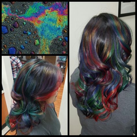 Hair.by.Beth oil spill with joico color intensity Oil Spill Hair Dye, Oil Spill Hair, Venus Leo, Aesthetics Hairstyles, Joico Color Intensity, Pravana Hair Color, Hair Colour Design, Highlights Curly Hair, Joico Color