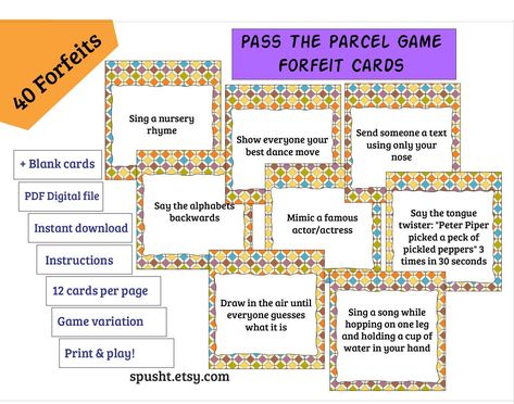 Forfeit Ideas, Family Game Night Ideas, Pass The Parcel Game, Game Night Ideas, Pass The Parcel, Birthday Games For Adults, Birthday Party Game, New Year's Games, Birthday Activities