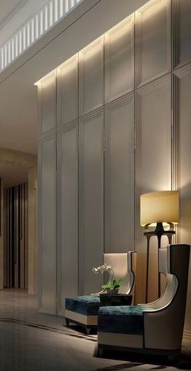 Luxury Wall Panelling Design, Corridor Wall Design, Stair Wall Decorating Ideas, Den Lighting, Wall Decorating Ideas, Hall Room, Stair Wall, Wall Decoration Ideas, Wall Decorating