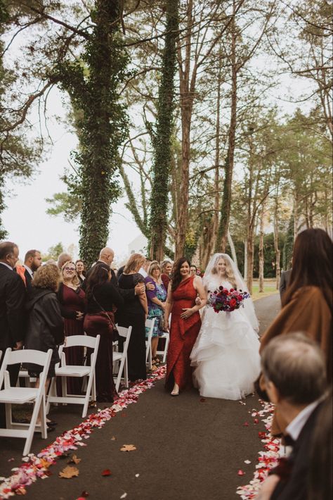 Mother of the bride pictured walking bride down the aisle in wedding ceremony surrounded by people that love the couple. Centered in the middle of a treeline drive surrounded by tall trees Mum Walking Daughter Down The Aisle, Mother Walking Bride Down Aisle, Mom Walking Daughter Down Aisle, Bride Aisle, Bride Down The Aisle, Forest Fall, Surrounded By People, Forest Falls, Bride Pictures